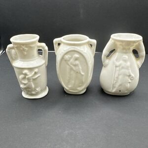 Three Occupied Japan Faux Jasperware decorated‎ miniature handled urns porcelain